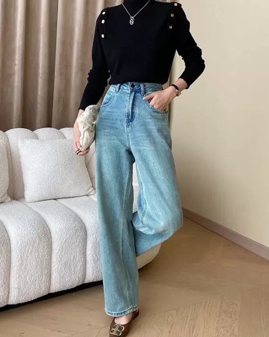 Buttoned Split-Joint Long Sleeves High-Neck Sweater Tops