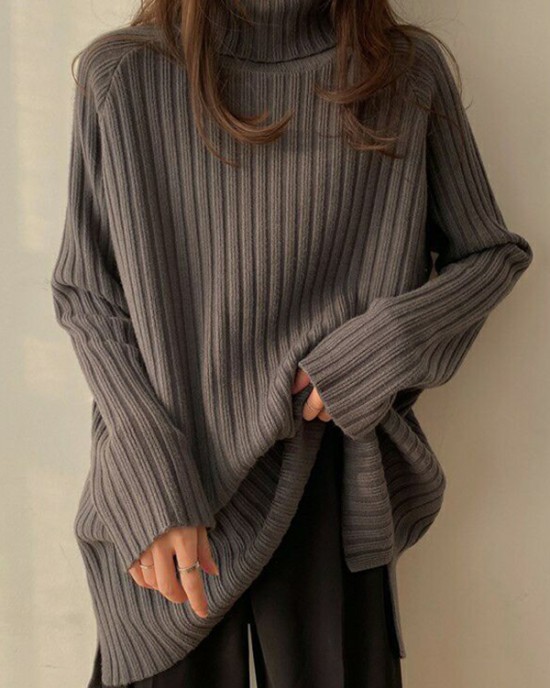 Casual Long Sleeves Loose Split-Side Solid Color High-Neck Sweater Tops