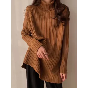 Casual Long Sleeves Loose Split-Side Solid Color High-Neck Sweater Tops