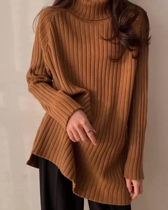 Casual Long Sleeves Loose Split-Side Solid Color High-Neck Sweater Tops