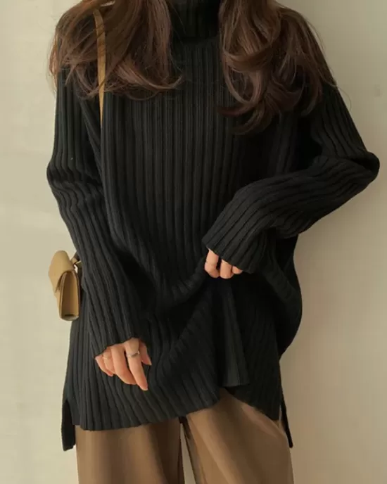 Casual Long Sleeves Loose Split-Side Solid Color High-Neck Sweater Tops