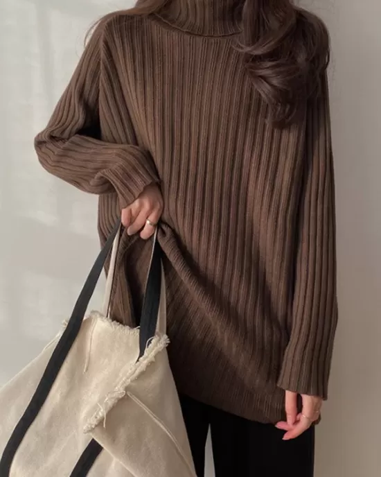 Casual Long Sleeves Loose Split-Side Solid Color High-Neck Sweater Tops