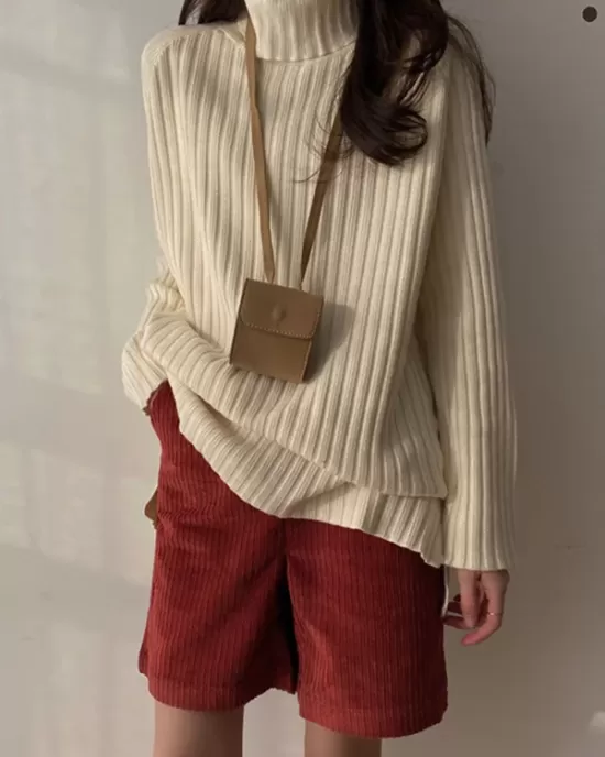 Casual Long Sleeves Loose Split-Side Solid Color High-Neck Sweater Tops