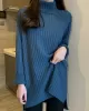 Casual Long Sleeves Loose Split-Side Solid Color High-Neck Sweater Tops