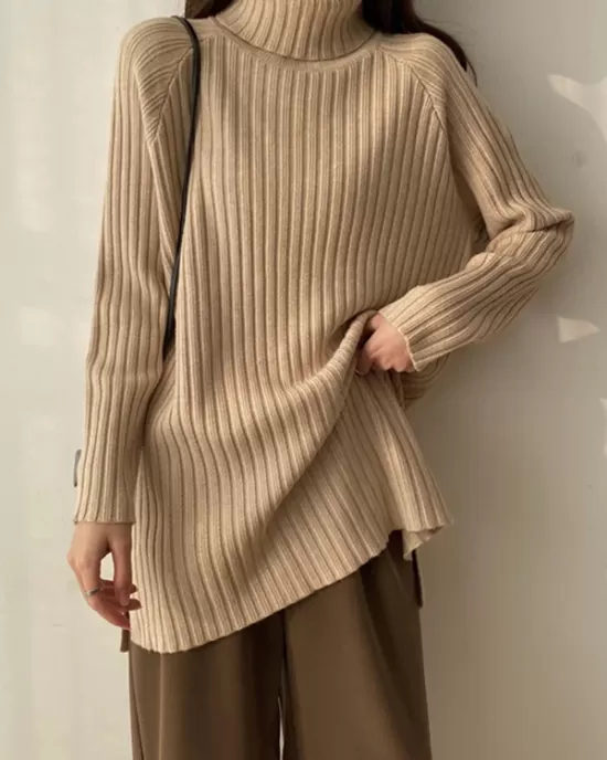 Casual Long Sleeves Loose Split-Side Solid Color High-Neck Sweater Tops