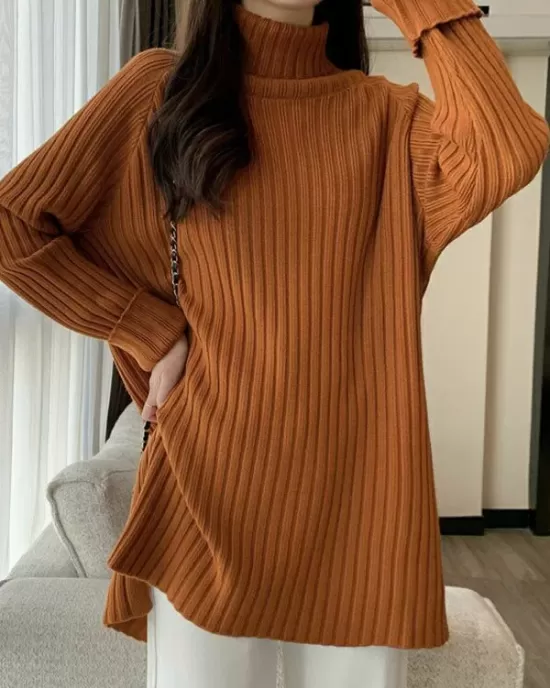 Casual Long Sleeves Loose Split-Side Solid Color High-Neck Sweater Tops