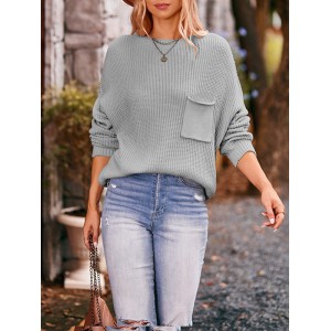 Hollow Pockets Solid Color Batwing Sleeves Long Sleeves Round-Neck Sweater Tops Pullovers Knitwear