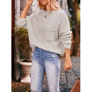 Hollow Pockets Solid Color Batwing Sleeves Long Sleeves Round-Neck Sweater Tops Pullovers Knitwear