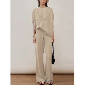 Urban Loose Solid Round-Neck Vest Top& V-Neck Sweater Tops& Wide Leg Pants Three-Piece Set