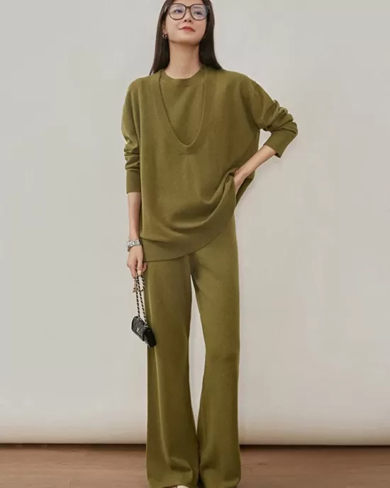 Urban Loose Solid Round-Neck Vest Top& V-Neck Sweater Tops& Wide Leg Pants Three-Piece Set