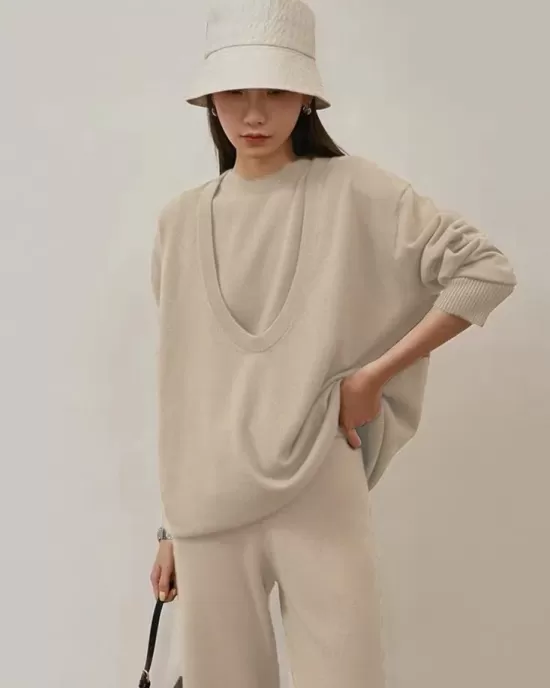 Urban Loose Solid Round-Neck Vest Top& V-Neck Sweater Tops& Wide Leg Pants Three-Piece Set