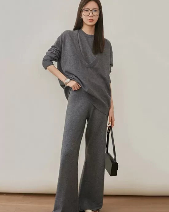 Urban Loose Solid Round-Neck Vest Top& V-Neck Sweater Tops& Wide Leg Pants Three-Piece Set