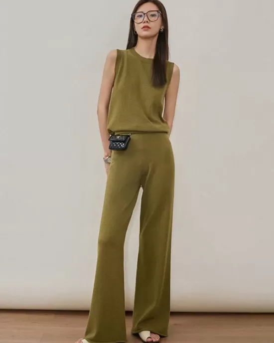 Urban Loose Solid Round-Neck Vest Top& V-Neck Sweater Tops& Wide Leg Pants Three-Piece Set