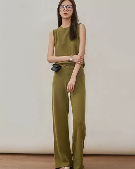 Urban Loose Solid Round-Neck Vest Top& V-Neck Sweater Tops& Wide Leg Pants Three-Piece Set