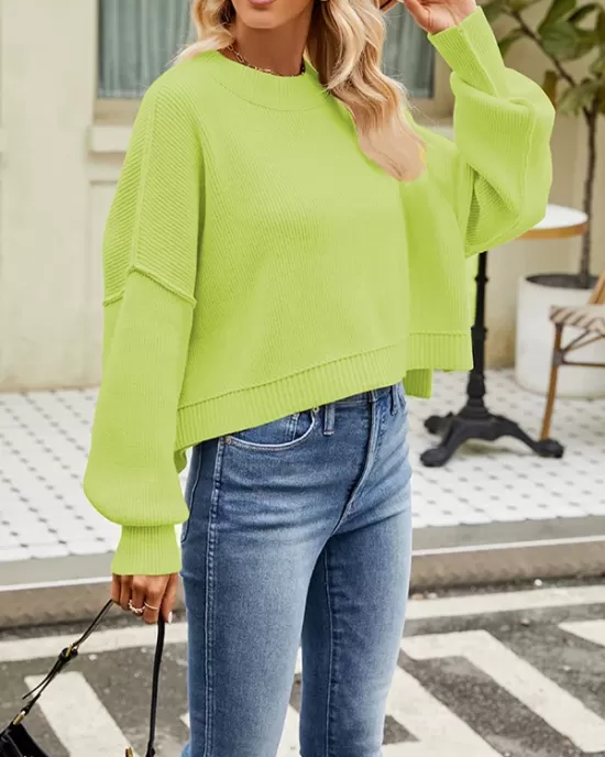 Solid Color Split-Joint Split-Side Batwing Sleeves High-Low Round-Neck Sweater Tops Pullovers