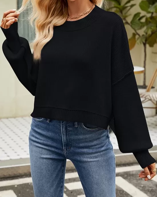 Solid Color Split-Joint Split-Side Batwing Sleeves High-Low Round-Neck Sweater Tops Pullovers