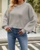 Solid Color Split-Joint Split-Side Batwing Sleeves High-Low Round-Neck Sweater Tops Pullovers