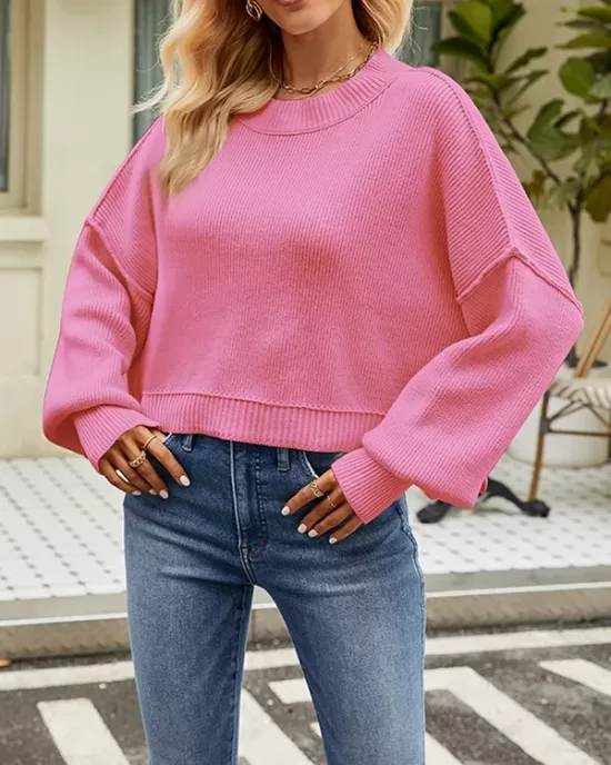 Solid Color Split-Joint Split-Side Batwing Sleeves High-Low Round-Neck Sweater Tops Pullovers