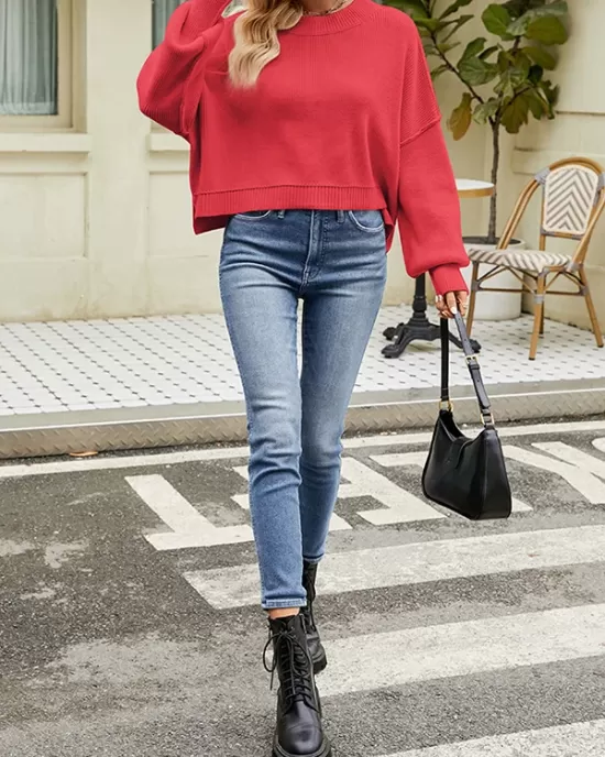 Solid Color Split-Joint Split-Side Batwing Sleeves High-Low Round-Neck Sweater Tops Pullovers