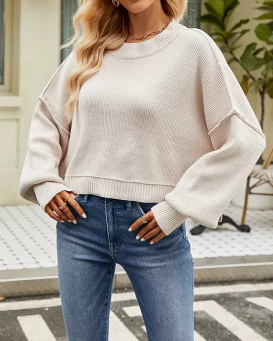 Solid Color Split-Joint Split-Side Batwing Sleeves High-Low Round-Neck Sweater Tops Pullovers