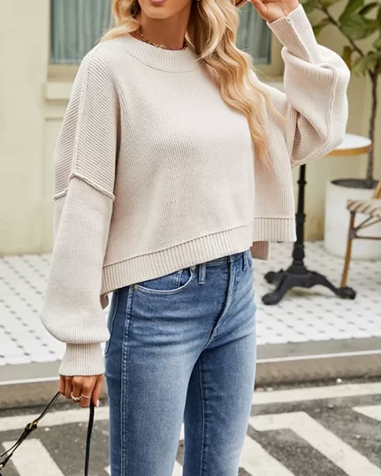 Solid Color Split-Joint Split-Side Batwing Sleeves High-Low Round-Neck Sweater Tops Pullovers