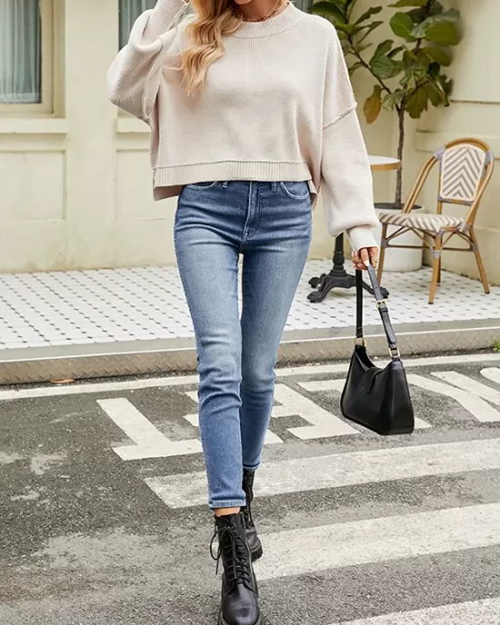 Solid Color Split-Joint Split-Side Batwing Sleeves High-Low Round-Neck Sweater Tops Pullovers