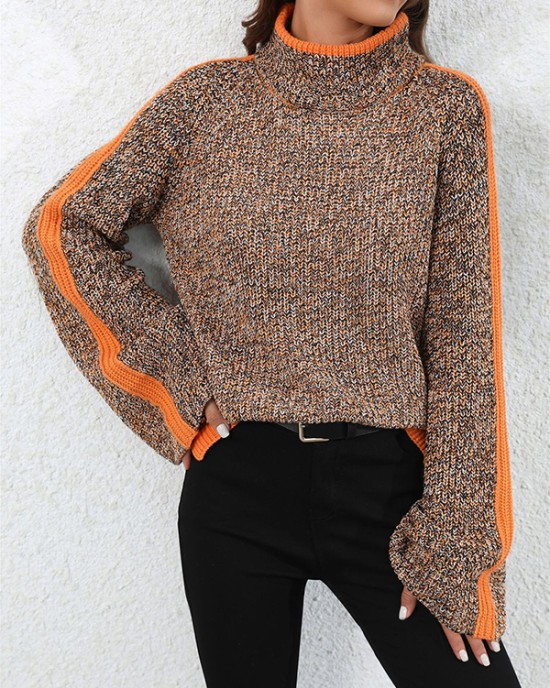 Casual Long Sleeves Loose Contrast Color Half Turtleneck Sweater Tops