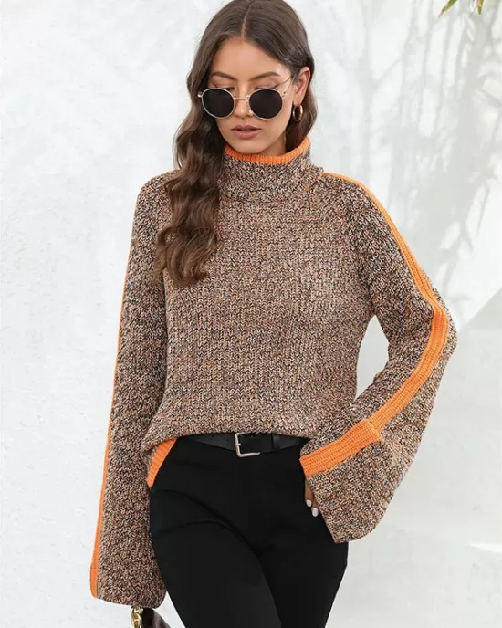 Casual Long Sleeves Loose Contrast Color Half Turtleneck Sweater Tops