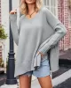 Solid Color Split-Side Batwing Sleeves Long Sleeves V-Neck Sweater Tops Pullovers Knitwear