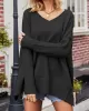 Solid Color Split-Side Batwing Sleeves Long Sleeves V-Neck Sweater Tops Pullovers Knitwear