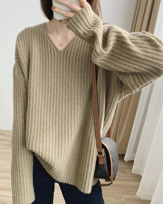 Casual Long Sleeves Loose Solid Color V-Neck Sweater Tops