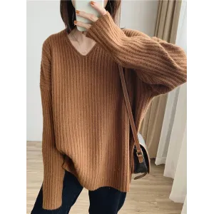 Casual Long Sleeves Loose Solid Color V-Neck Sweater Tops