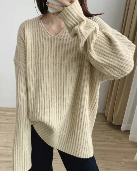 Casual Long Sleeves Loose Solid Color V-Neck Sweater Tops