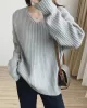 Casual Long Sleeves Loose Solid Color V-Neck Sweater Tops