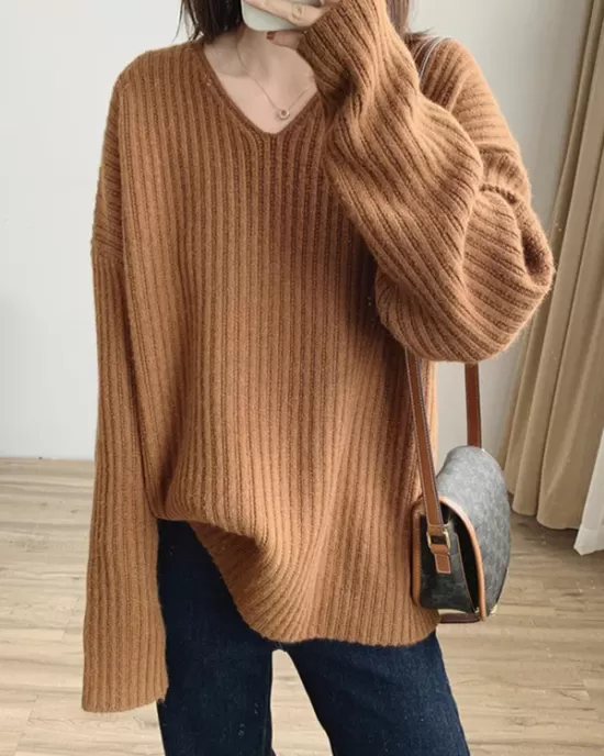 Casual Long Sleeves Loose Solid Color V-Neck Sweater Tops