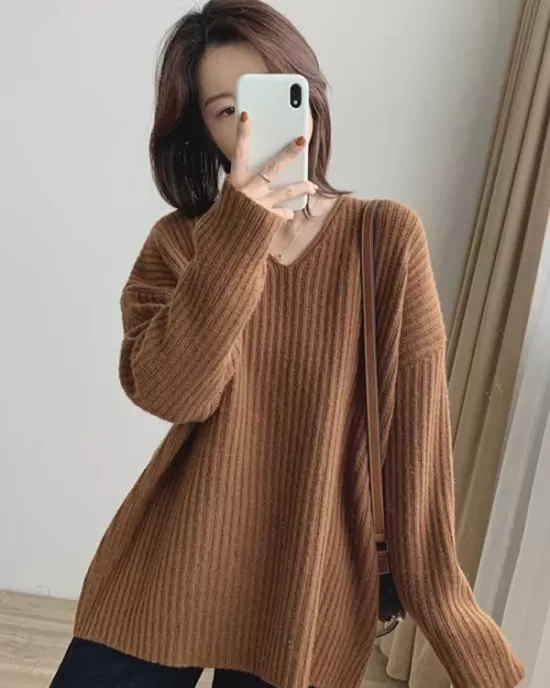 Casual Long Sleeves Loose Solid Color V-Neck Sweater Tops