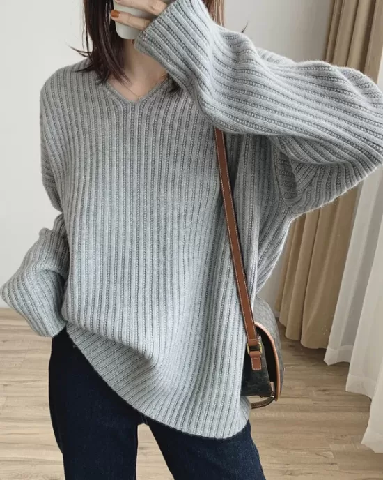 Casual Long Sleeves Loose Solid Color V-Neck Sweater Tops