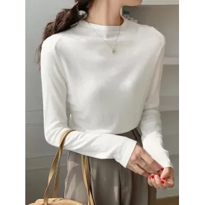 Simple Long Sleeves Skinny Solid Color High-Neck Pullovers