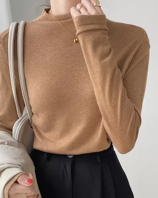 Simple Long Sleeves Skinny Solid Color High-Neck Pullovers