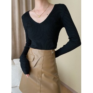 Solid Color Long Sleeves Skinny V-Neck Sweater Pullovers Knitwear