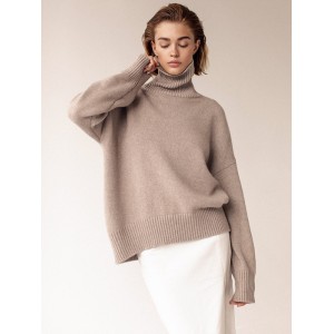 Casual Long Sleeves Loose Solid Color High-Neck Sweater Tops