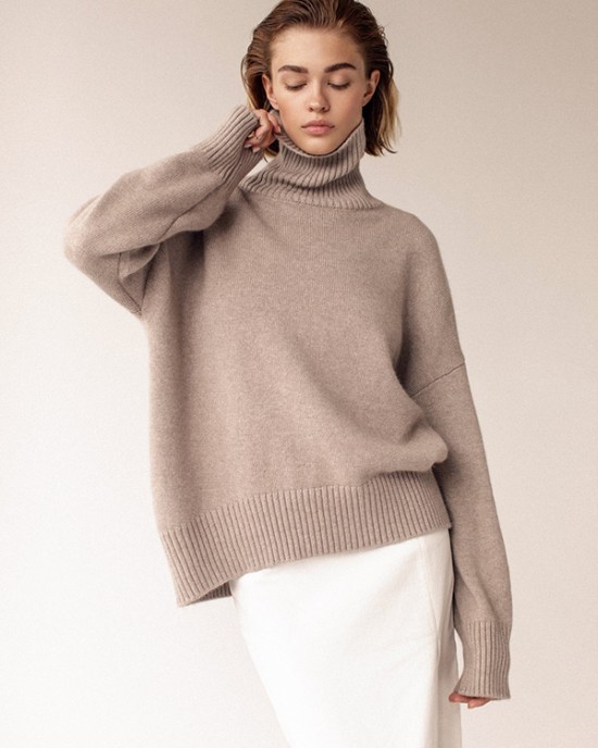 Casual Long Sleeves Loose Solid Color High-Neck Sweater Tops