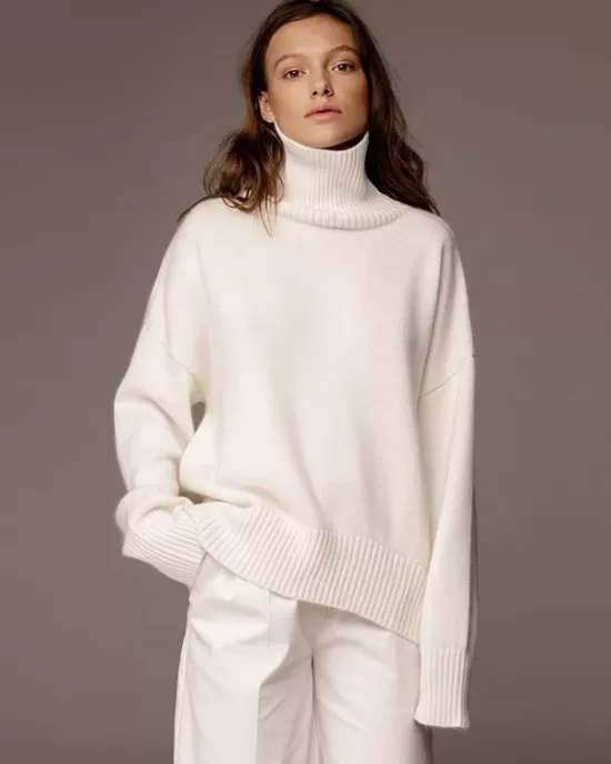 Casual Long Sleeves Loose Solid Color High-Neck Sweater Tops