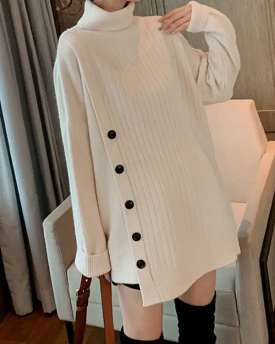 Asymmetric Buttoned High-low Long Sleeves High-neck Sweater Tops Pullovers Knitwear