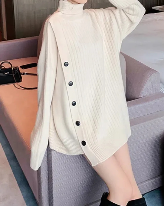 Asymmetric Buttoned High-low Long Sleeves High-neck Sweater Tops Pullovers Knitwear