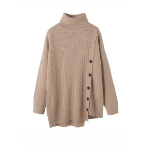 Asymmetric Buttoned High-low Long Sleeves High-neck Sweater Tops Pullovers Knitwear