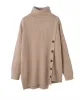 Asymmetric Buttoned High-low Long Sleeves High-neck Sweater Tops Pullovers Knitwear