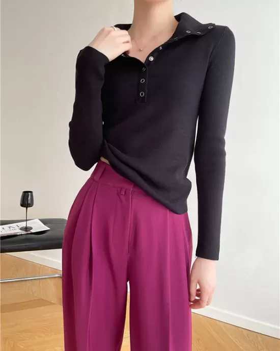 Casual Skinny Loose Solid Color Lapel Collar Pullovers