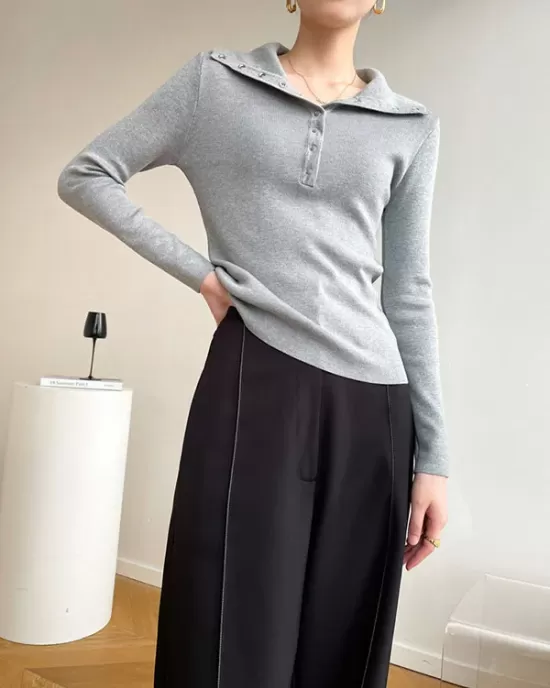 Casual Skinny Loose Solid Color Lapel Collar Pullovers