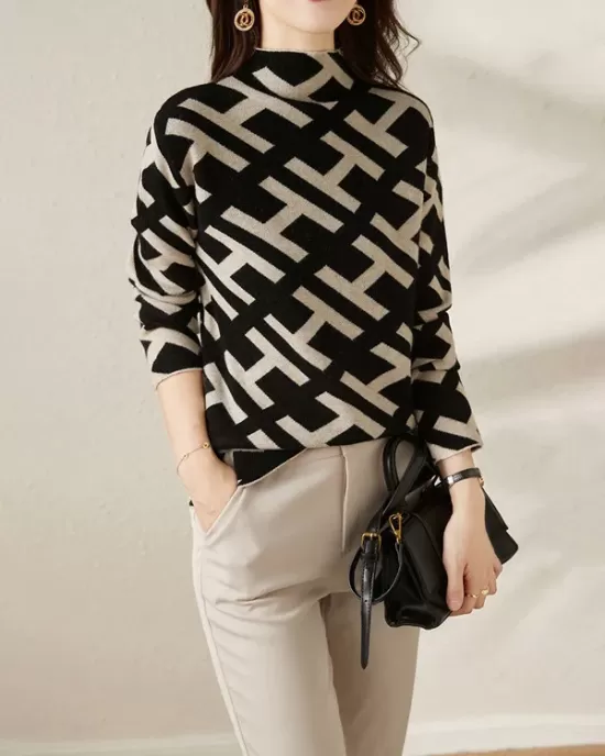 Original Skinny Long Sleeves Contrast Color Jacquard High-Neck Sweater Tops